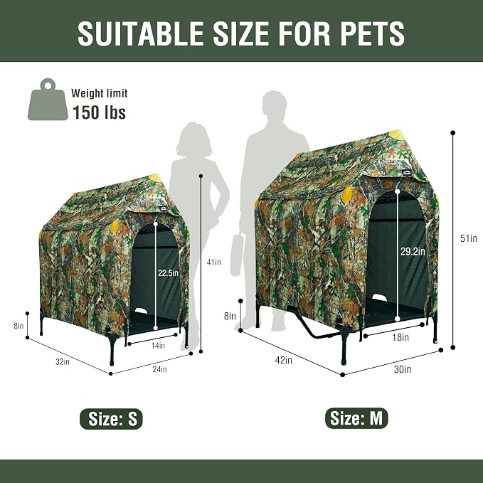 Privacy Outdoor Dog House & Elevated Bed 2-in-1, UPF50+ Sun Rain Protection, Breathable Camping Pet Tent with Cover, Portable for Indoor & Backyard Use（S）