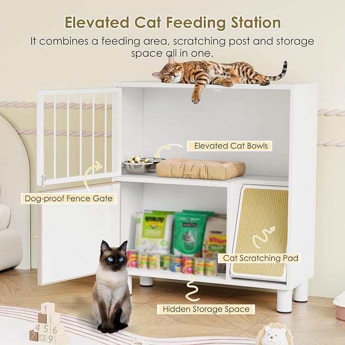 Metal Cat Feeding Station, Dog Proof Cat Feeding Station, Pet Food Storage | Cat Food Table, Raised Bowls for Indoor Cats, Elevated Food Bowls with Stand, Cat House with Scratching Board, Metal White