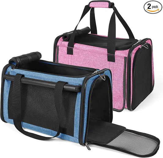 YUDODO 2 Packs 25 lbs Lightproof Soft Sided Pet Carrier for Large Cat & Small Dog Airline Approved Travel Bag Puppy Carriers with Side Pockets & Reflective Mesh, Foldable Portable Pink+Lake Blue