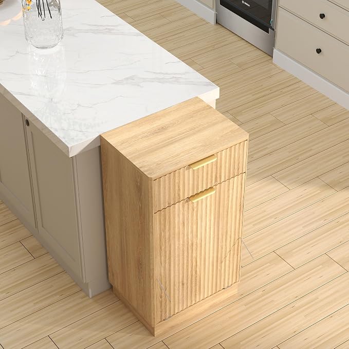 10-Gallon Single Tilt Out Trash Can Cabinet with Drawer,Kitchen Trash Can Cabinet Garbage Recycling Cabinet Wooden Dog-Proof Trash Cabinet for Dining Room and Kitchen,Laundry Room