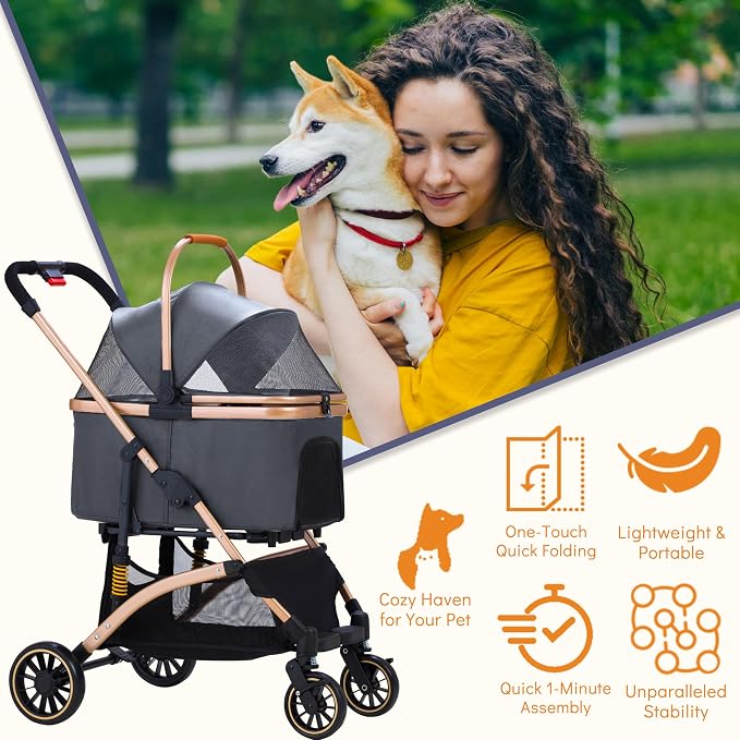 Dog Stroller for Small Dogs, Lightweight Pet Stroller for 2 Cats Dogs with 6 Shock Absorption System, Detachable Carrier Suitable for Car Seat & Hand Carry, Safe Outings, Gray