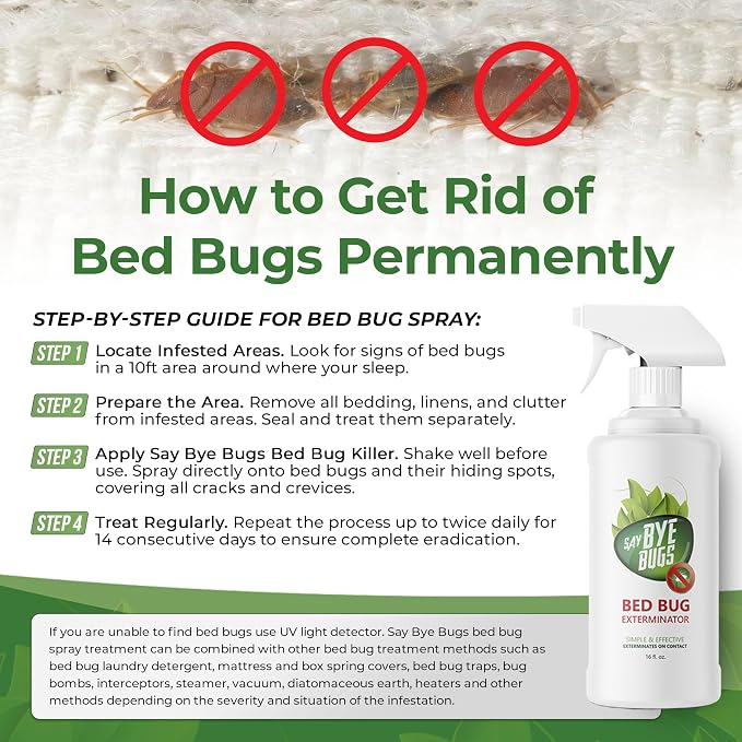 Bed Bug Spray for Getting Rid of Bed Bugs Permanently. Say Bye Bugs - a Non-Toxic, Kill on Contact Treatment That Doesn't Stain & is Odor Free. Simply Shake & Spray (1x 16oz).