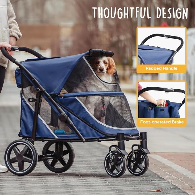 Canine Canyon Denver Dog Stroller for Large & Medium Dogs- Easy Fold All-Terrain Pet Stroller for 2 Dogs with Dual Entry, One-Foot Brake, Sunroof & Breathable Windows, Up to 130 lbs, Blue