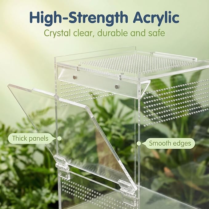 Jumping Spider Enclosure, Acrylic Tarantula Enclosure, 6x6x9 Inch Insect Terrarium with 2 Magnetic Doors, Pre-Assembled Reptile Habitat for Gecko, Mantis, Snail, Lizard, Frog, Hermit Crab, Hatchlings