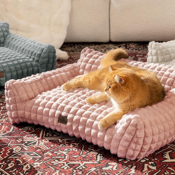 Cute Small Dog Couch Bed – Supportive & Fluffy Pet Sofa with Faux Rabbit Fur Washable Cover in 3D Diamond Pattern, 30" Pink