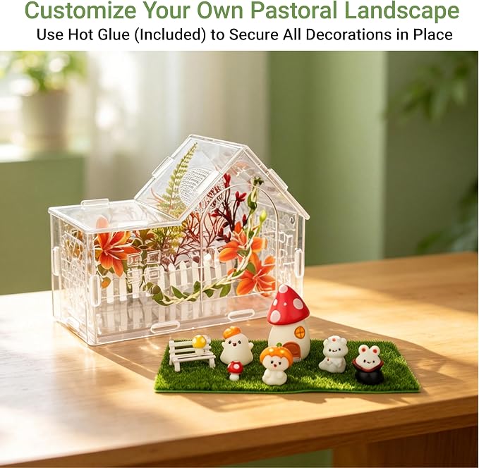Acrylic Jumping Spider Enclosure Kit 25PCS with Decor | 25-in-1 woodland theme set with mushroom decor, white hideout, plants, ideal for mantis & tarantula