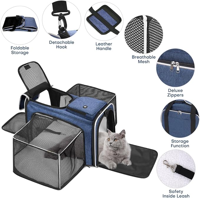 Pet Carrier, Large Soft Sided Expandable Travel Carrier with Steel Frame, Anti-Scratch Mesh, Removable Fleece Pad and Pockets for Cats, Dogs and Small Animals up to 15 lbs (Blue, 4 Sides Expandable)