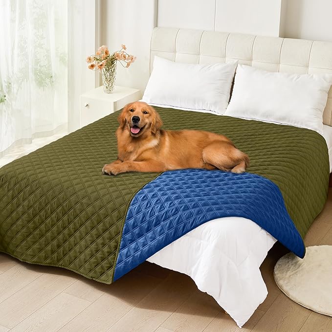 Smiry Waterproof Dog Bed Cover Pet Blanket, Soft Washable Dog Blanket for Furniture Bed Couch Sofa Reversible, Checkered (82"x102", Green/Navy)