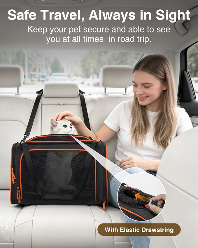 Expandable Cat Carrier Bag,Airline Approved Expandable Soft-Sided Pet Carrier(16"x 11"x 11") with Removable Pad,for Cats 12lbs,(Black Orange).
