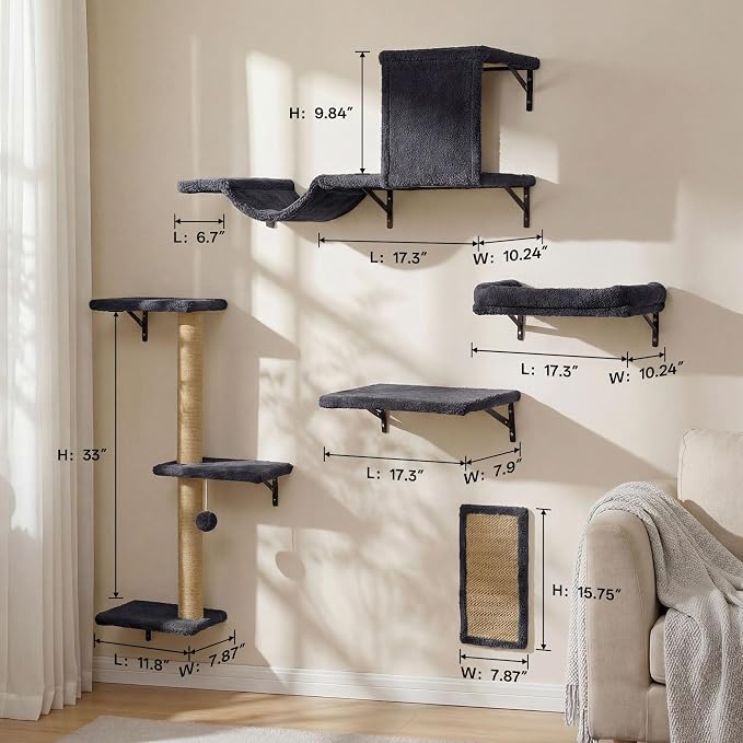 MEWANG 5-in-1 Cat Wall Shelves: Cat Climbing Furniture with Wall Mounted Perch & Lounge for Indoor Cats, Space-Saving Wall Pet Shelves for Play & Rest - Grey