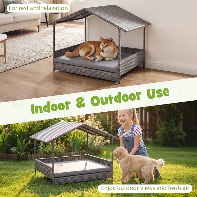 Giantex Outdoor Wicker Dog House with Roof Canopy, Elevated Rattan Dog Bed with Washable Cushion, Weatherproof Patio Pet Bed for Small Medium Dogs, Heavy Duty Metal Frame, 165 lbs, Gray