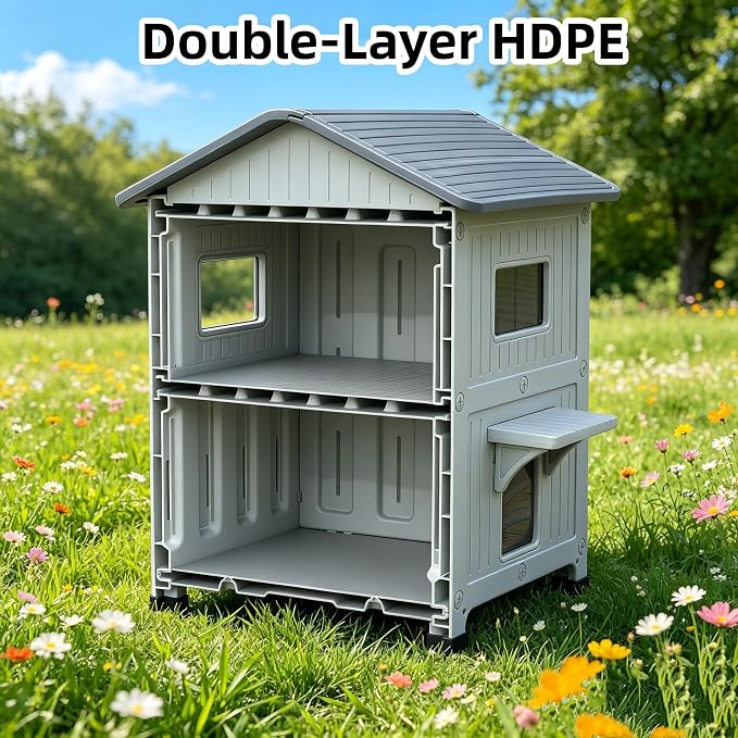 Outdoor Cat House 2 Story HDPE Weatherproof for Feral Cat, Grey with Mat | 21.5" D x 21" W x 34" H, Plastic Elevated Insulated Cat Shelter with Escape Door, Easy Clean & Assemble, Expansive Interior‌