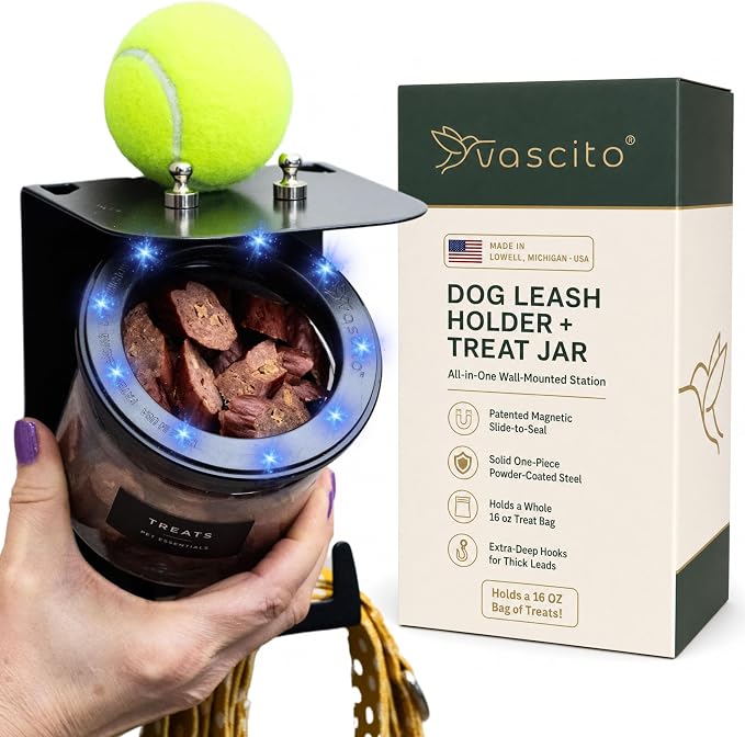 Dog Leash Holder for Wall with Shelf - Wall Mounted Dog Treat Holder & Station, 1 Airtight 16oz Treat Container, 6 Hooks, Patented Lidless Slide-to-Seal Jar, Solid Steel, Made in USA
