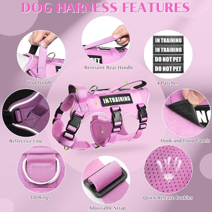 Escape Proof Dog Harness with Double Handle+4 Removable Patches | Service Working Molle Harness with Double Handle for Large Dogs, Tactical Pet Reflective Vest for Walking Hiking Hunting
