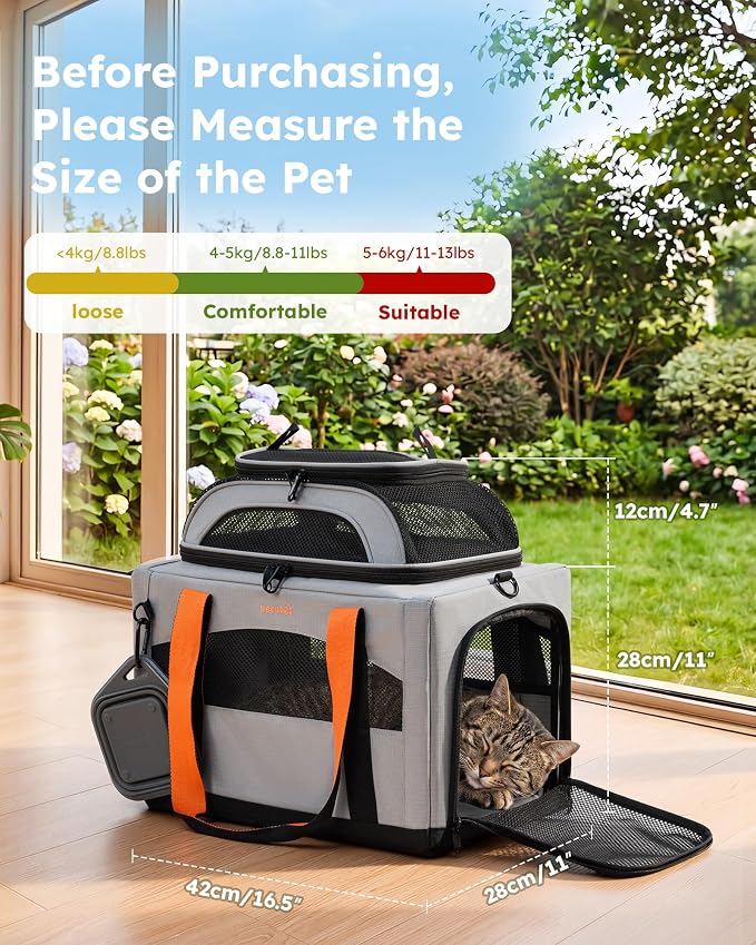 Pecute Top Expandable Cat Carrier Sturdy Pet Bag with 5mm Anti-Collapse Steel Frame, Soft Dog Carrier for Car Travel Vet Visits Outdoor Hammock,Foldable Travel Crate with Leakproof Pee Pad & Bowl,Gray