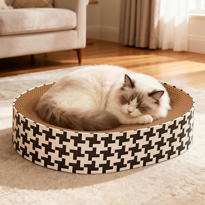 2-in-1 Cat Scratcher Cardboard Bed, Round Cat Scratching Pad Bowl for Indoor Cats, Durable Corrugated Circle Cat Scratcher Lounge, Cozy Oval Cat Scratch Bed Furniture for Kittens & Medium Size Cats