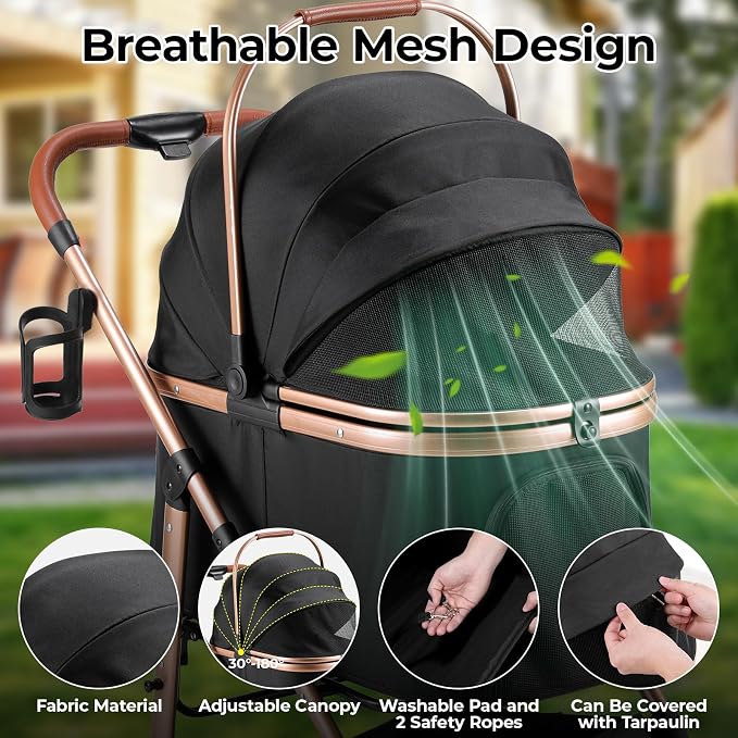 MAMIZO Pet Stroller for Medium Dogs Up to 44 lbs with Detachable Carrier | All-Terrain 3-in-1 Dog Stroller for Senior Dogs & Cats with Rubber Wheels, One-Click Folding, Storage Basket & Cup Holder
