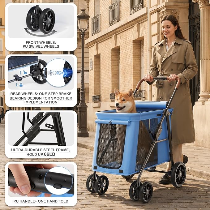 MoNiBloom Pet Stroller for Medium to Large Dogs up to 66lb, Blue