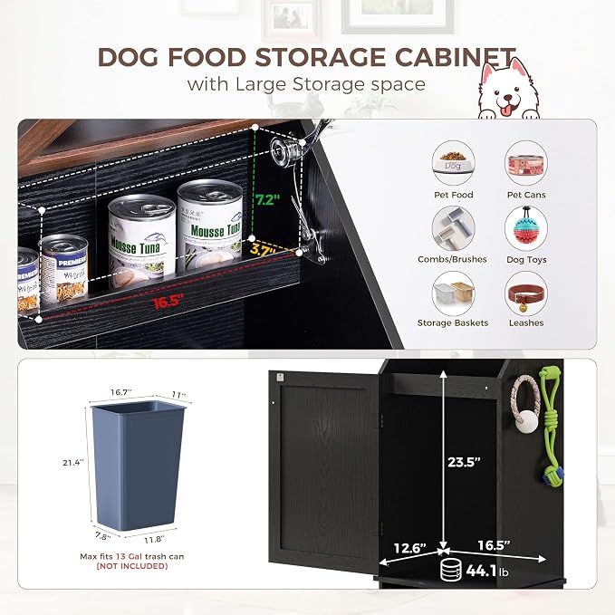 FIMELLO Dog Feeding Station with Storage, Dog Food Cabinet with 2 Hidden Feeding Bowls, Flip-Top Pet Storage Cabinet, Pet Food Holder, Black Grain