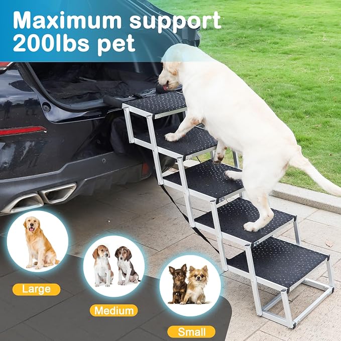 Uross Dog Stairs for Car 5 Steps - Collapsible Dog Steps Ramp for Car and SUV, Aluminum Pet Ramp Stairs for Large Dogs,Telescoping Ladder for Truck, High Bed