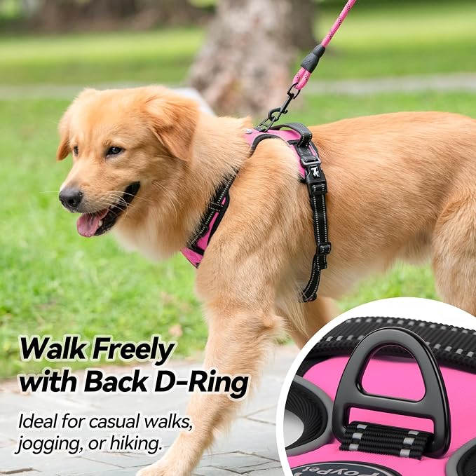 PoyPet No Pull Dog Harness Large with Front Clip & Neck Release Buckle | No Choke, Adjustable Vest, Reflective, Back Clip, Lockable, Soft Padded, Easy Control Handle for Walking Training, L, Pink