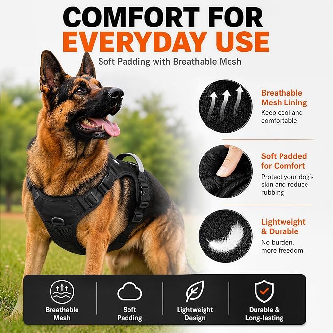Heavy Duty Dog Harness for X-Large Dogs, No Pull Tactical Reflective Vest | 3 Point Locking Buckles, Dual Leash Clips, Handle, Reflective Strips, Hook & Loop Panel, Metal D Ring, Adjustable (Black)