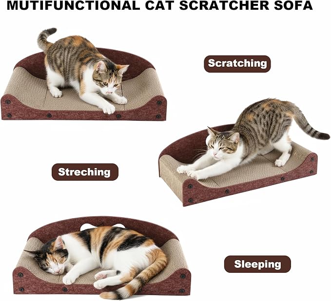 26" Cat Scratcher Bed, Large Scratcher Couch for Indoor Cats, Cardboard Scratcher Sofa, Durable Scratch Pad with Ball, Furniture Protector (Brown, Large)