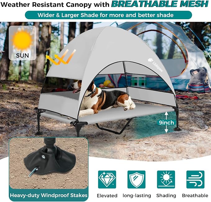 Outdoor Elevated Dog Bed with Canopy for Large Dogs, Grey, XL | Breathable Raised Cot with Shade, Tool-Free Setup for Patios, Backyards and Camping