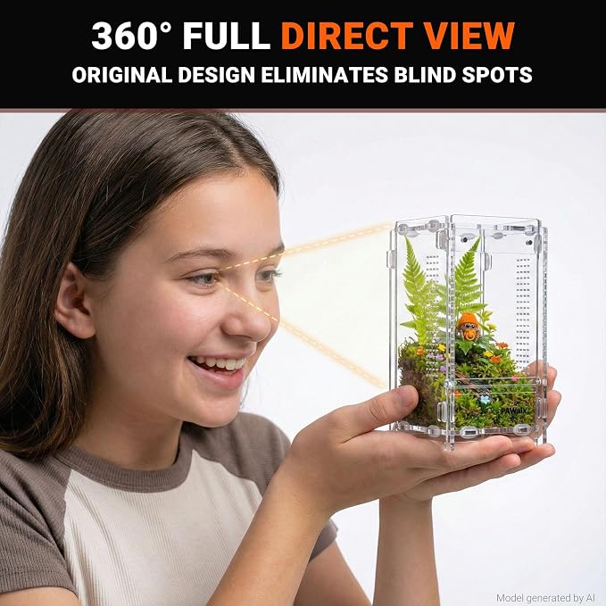 Jumping Spider Enclosure, Acrylic Terrarium with with Magnetic Doors, 0.8mm Micro-Ventilation, Stackable Escape-Proof Habitat for Jumping Spiders (3”x3”x6”x2Pack)