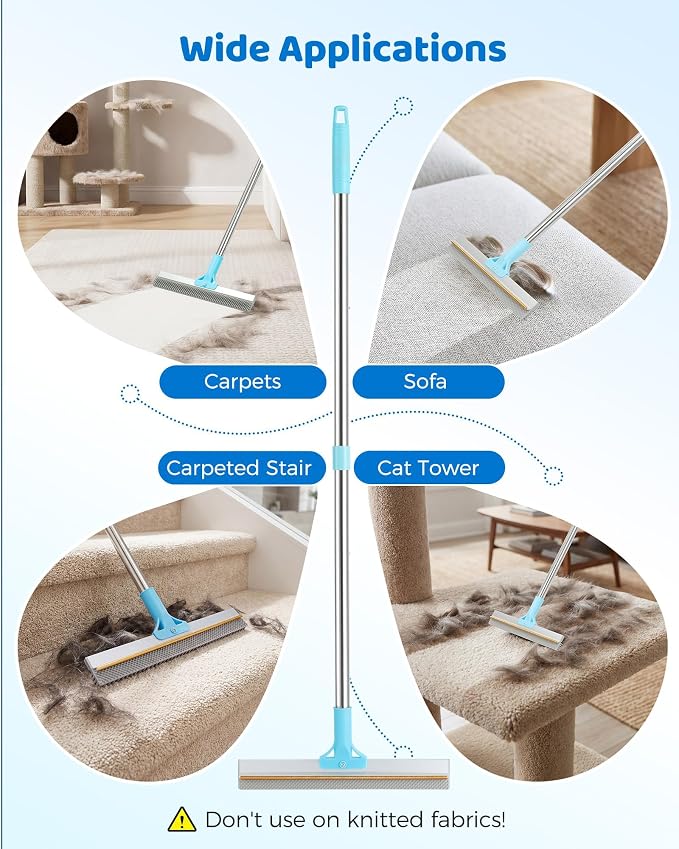 Carpet Rake for Pet Hair Removal - 54''Adjustable Long Handle Carpet Rake, 3 in 1 Reusable Silicone Carpet Broom with 2 Lint Scrapers, Pet Hair Remover Broom for Rugs, Mats, Couch, Car Interiors