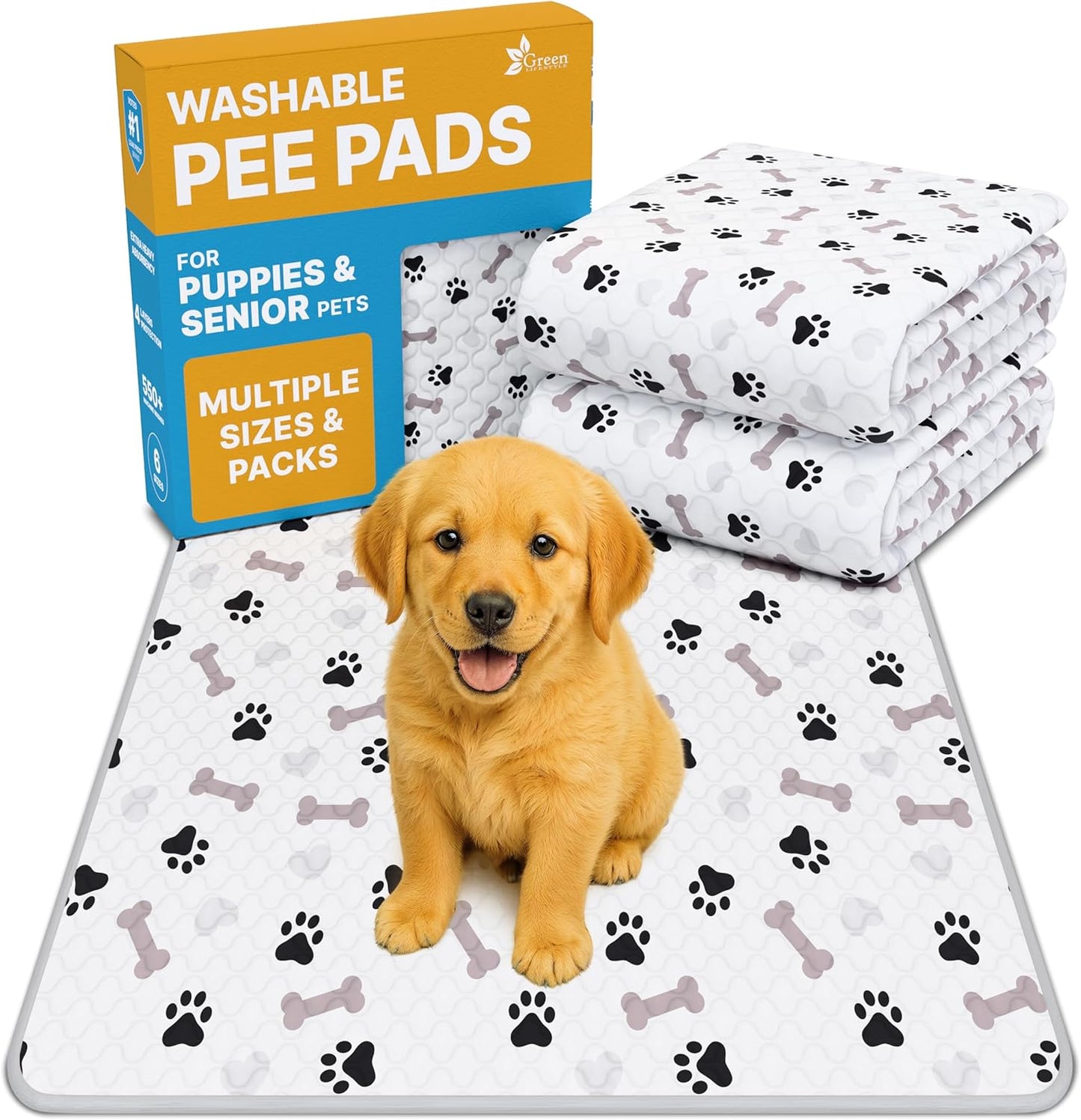 GREEN LIFESTYLE Washable Pee Pads for Dogs - Waterproof Reusable Puppy Pads with Anti-Slip Backing, Pet Training Pad for Puppy Playpen, Crate, Whelping Box, Potty Training (Pack of 48 - 30x34)