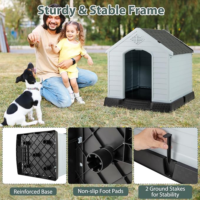 Giantex Dog House for Small Dogs, Waterproof Plastic Dog Houses with Air Vents and Elevated Floor, Easy to Assemble, Outdoor Cat Feeding Station Indoor Patio Backyard Dog Kennel House, Gray