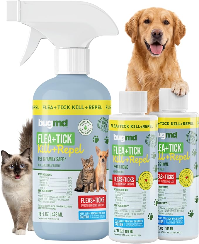 BugMD Flea and Tick Spray for Dogs and Cats – Kills & Repels on Contact – Plant-Powered Flea Treatment for Home, Furniture & Carpet | Makes 32 oz