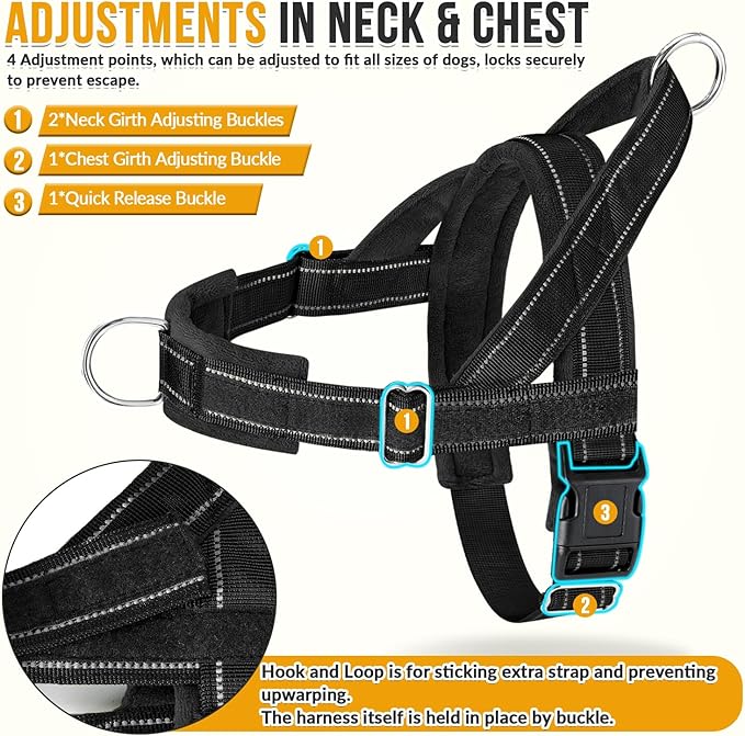 SlowTon No Pull Dog Harness with Front Clip - Heavy Duty, Soft Padded | Neck & Chest Adjustable, Tactical Pet Vest and Leash Set for Large Medium Sized Dogs, for Easy Walk & Training, Black L
