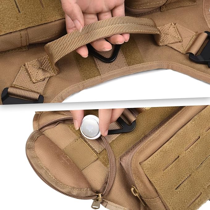 AIWAI Tactical Dog Harness with Handle for Large Dogs,2X Metal Buckle, Dog MOLLE Vest with Pockets,No Pull Adjustable Pet Harness, Easy Control Dog Vest Harness for Working Training (Khaki, Large)