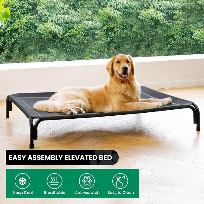 Elevated Dog Bed Outdoor Cooling Raised Cot for XL Dogs, Black 53.9in | Tool-Free Installation; Washable Cooling Breathable Mesh; Anti-Slip Feet; Indoor & Outdoor Use