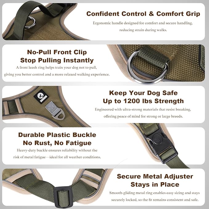 No-Pull Tactical Dog Harness for Medium Dogs — 1680D Reflective Padded Vest | with Handle | Waterproof Oxford | Dual Clip No-Pull | Escape-Proof | Fits Chest 18-25in | Khaki, M