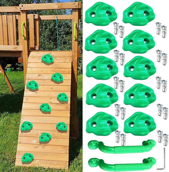 10 Rock Wall Climbing Holds Extra Large with 2 Handles,DIY Rock Climbing Grips with Mini Wrench for Indoor Outdoor Playground Play Set(Green)
