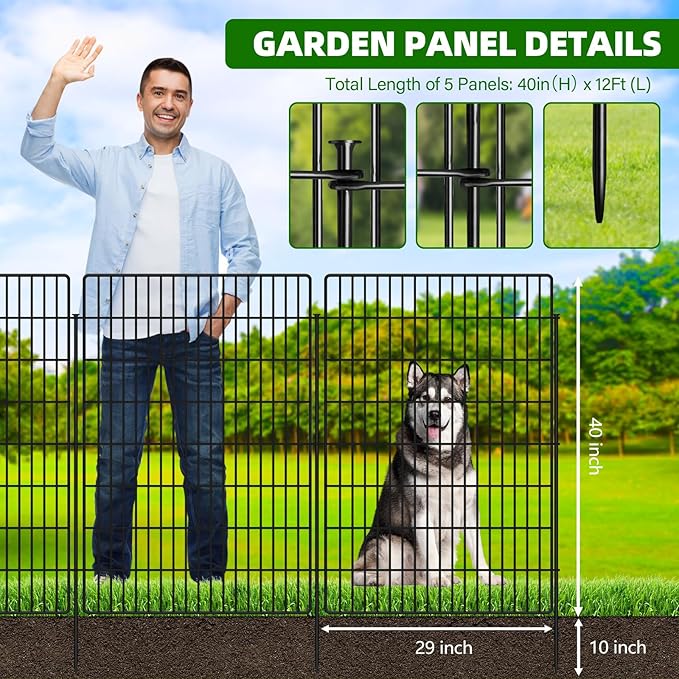 5 Panels Garden Fencing Animal Barrier with Lock, 40 in(H) X 12 ft(L) Dog Fence Outdoor for Yard Rustproof No Dig Decorative Tall Garden Fence Metal Wire Panel Border Rabbit Ground Stakes Fencing