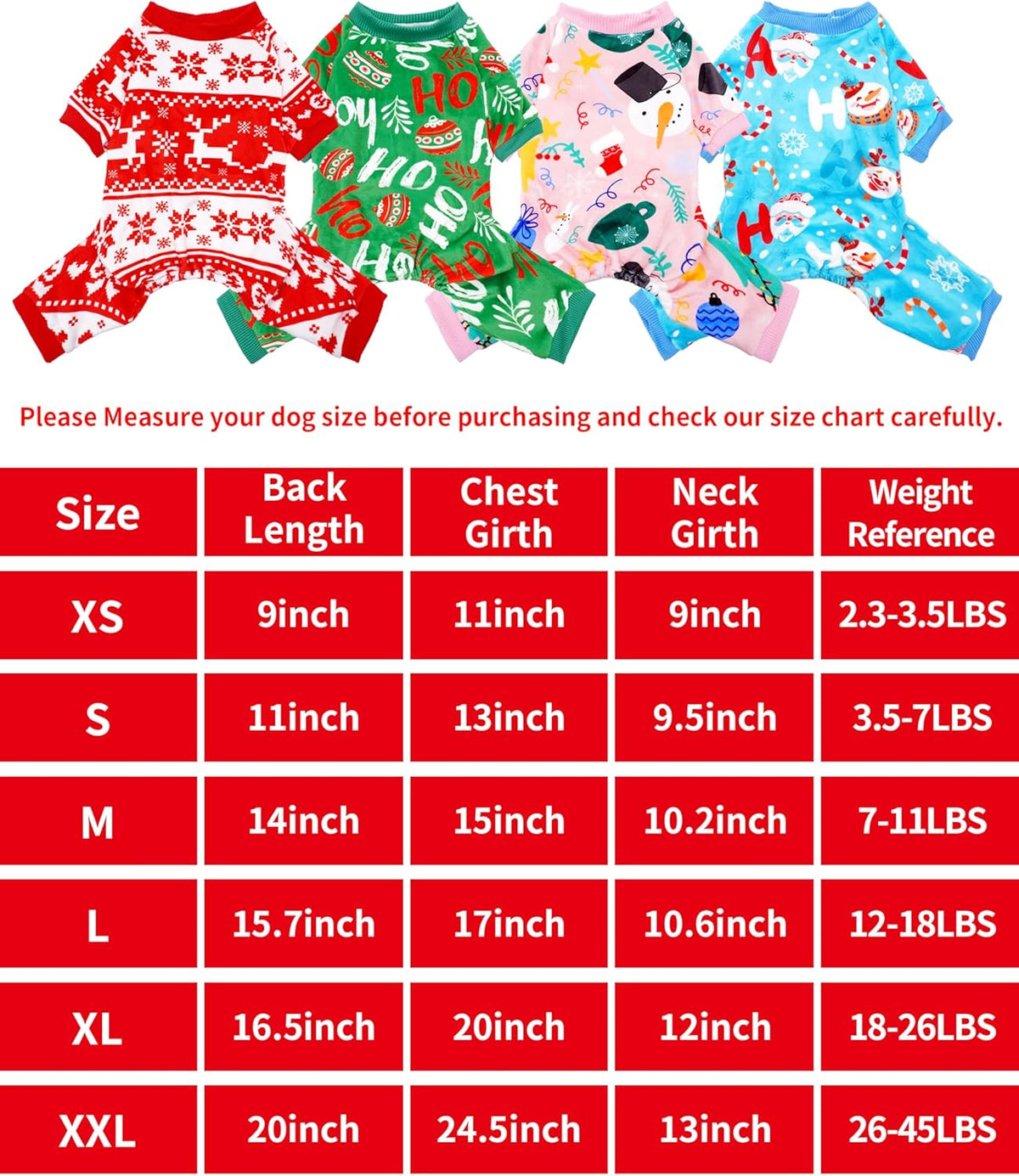PET SHOW 4 Pack Dog Christmas Pajamas Holiday Dog Clothes for Small Medium Dogs Girl Boy Soft Stretchy PJs Xmas Jumpsuit Puppy Onesies Red Green Outfits with Sleeve Pets Dachshund Costume XXL
