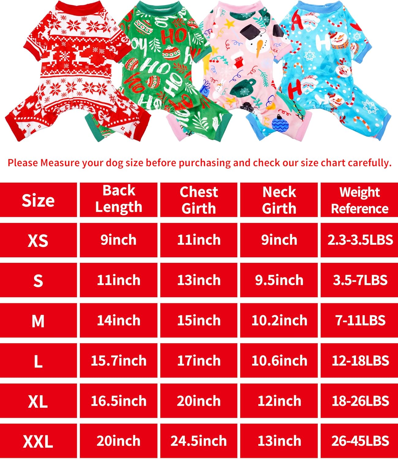 PET SHOW 4 Pack Small Dog Christmas Pajamas Holiday Dog Clothes Doggies Girl Boy Soft Stretchy PJs Xmas Jumpsuit Puppy Cats Onesies Red Green Outfits with Sleeve Pets Dachshund Costume S