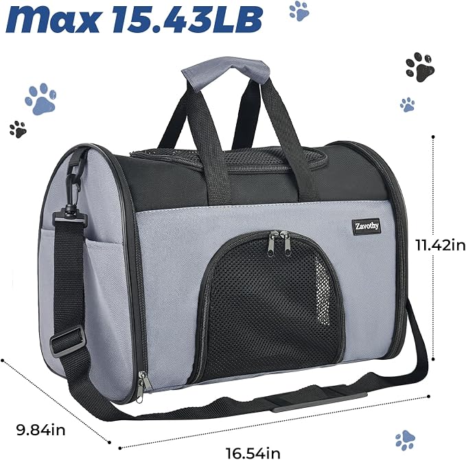 Zavothy TSA Airline Approved Soft-Sided Pet Carrier for Small to Medium Cats and Puppies, Up to 15 Lbs – Collapsible Travel Carrier for Dogs & Cats, Grey