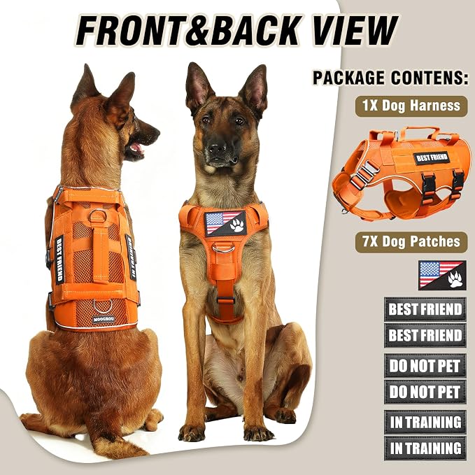 Air Mesh Tactical Dog Harness with Metal Buckles&MOLLE,Orange M | Breathable Adjustable No Pull Service Dog Vest with 3 Padded Handles,Military Dog Harness for Training Hiking Hunting Working