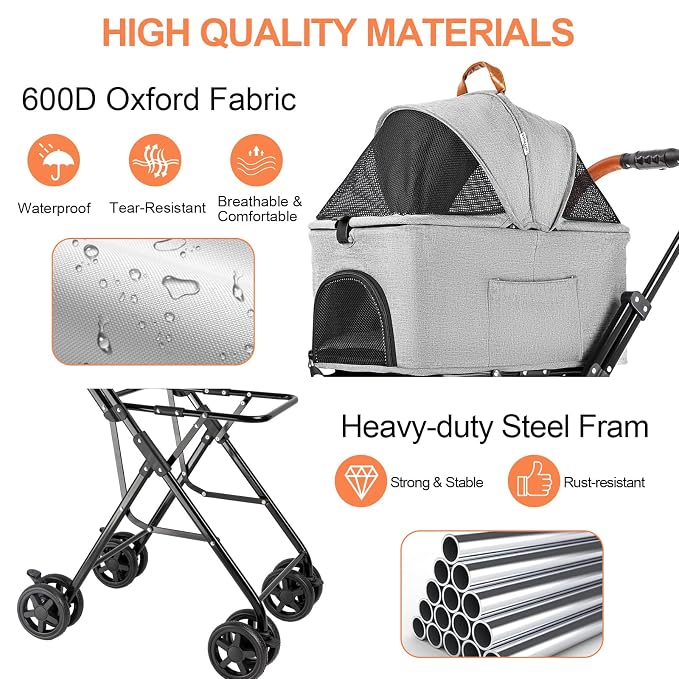Double Pet Stroller with Detachable Carrier for Medium Small Dogs and Cats, Lightweight Dog Stroller Travel Carriage with No-Zip Canopy Storage Basket One-Click Folding and One-Foot Brake