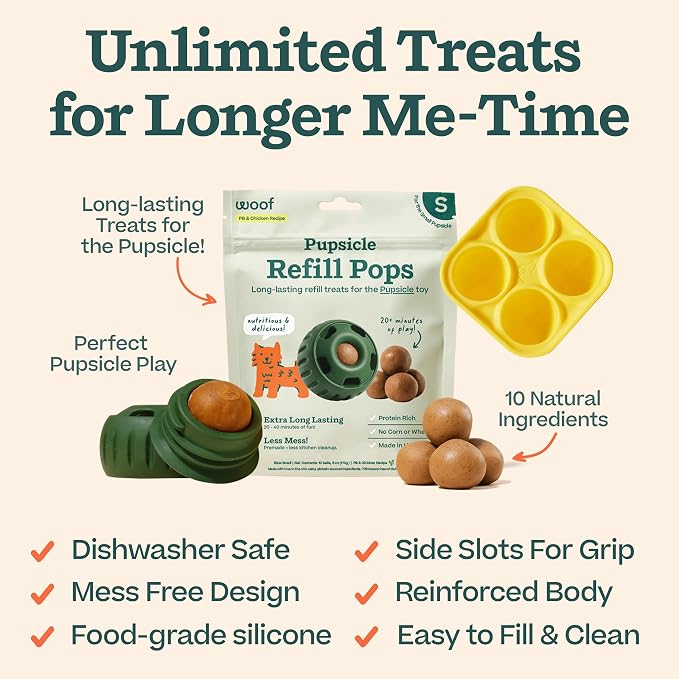 WOOF Starter Pack Dog Treat Toy for Small Dogs 10-25 lbs | Long-lasting enrichment kit, Pupsicle toy included, reusable treat mold, chicken Pops, DIY frozen treats