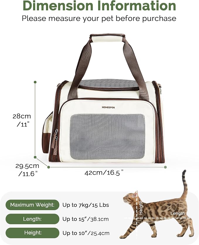 Homespon Soft-Sided Cat Carrier Dog Carrier, 34.5L Airline Approved Pet Carrier, Collapsible Travel Bag with Removable Bed for Small Dogs & Cats (Brown)