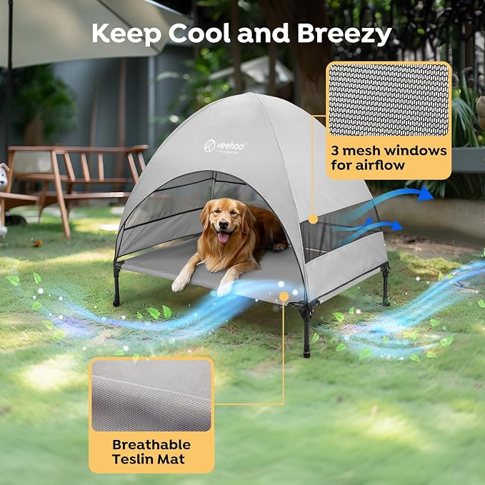Veehoo Outdoor Dog Bed with Canopy, Cooling Elevated Dog Shade for Outside | Portable Raised Dog Cot with Removable Shade, Sun Protection Dog Tent Outdoor for Camping, Beach, 42" x 34.5", Grey