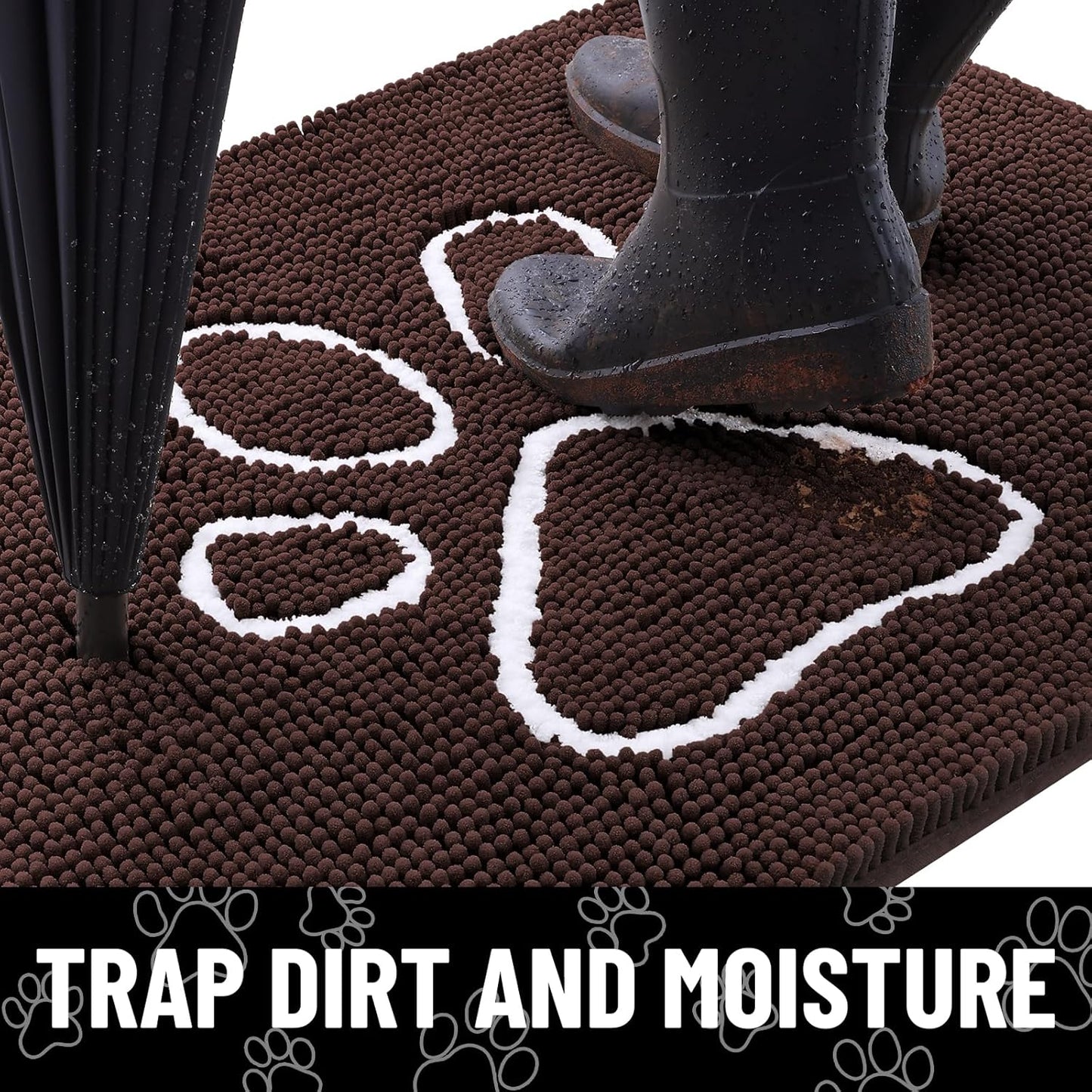 Smiry Dog Door Mat for Muddy Paws, Absorbent Dirt Trapper Non Slip Quick Dry Washable Chenille Mat for Mud Dogs, Entry Rug for Indoor and Outdoor (59x35 Inches, Brown and White)