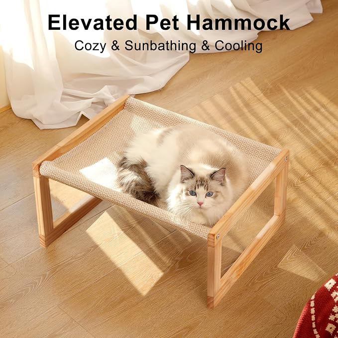 FUKUMARU Large Cat Hammock, Raised Dog Bed for Indoor and Outdoor, Washable | 21" Wooden Pet Beds, Breathable Linen Cat Couch, Elevated Pet Sofa for Puppy, Bunny and Small Animal
