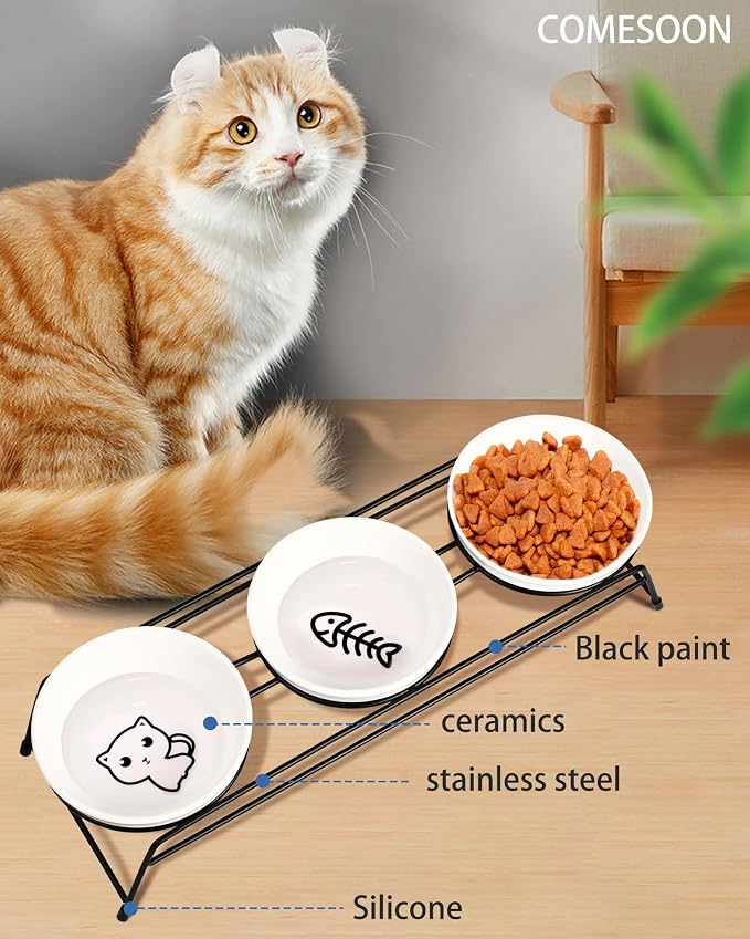 Anti-Vomiting Raised Cat Bowls - 3 × 13 oz Ceramic Food & Water Bowls with Non-Slip Stainless Steel Stand, Dishwasher Safe for Indoor Cats & Puppy